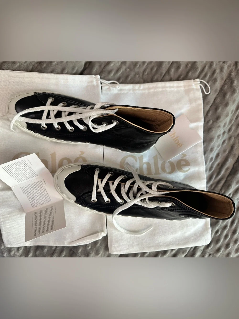 RARE NIB Chloé Black Lambskin Leather High-Top Sneakers with scalloped sole